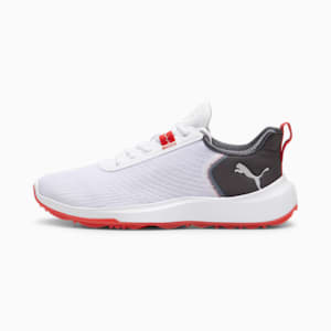 White PUMA shoe, with red accents and a grey heel, for adults.