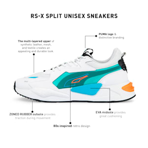 RS-X SPLIT Unisex Sneakers, Puma White-Puma Black-Blue Atoll