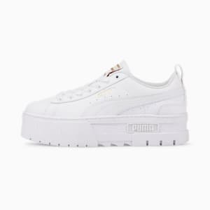 Tenis de cuero para jóvenes Mayze, Puma White-Puma Team Gold