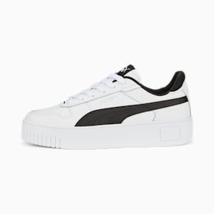 White PUMA trainer, women's, featuring a black stripe and elevated sole.