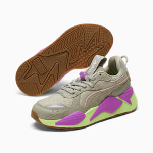 Zapatos deportivos PUMA x RON FUNCHES RS-X para niños grandes , Pebble Gray-Pebble Gray-Fizzy Apple, extragrande