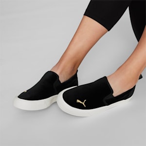 Bari Slip-On Comfort Velvet Women's Shoes, Puma Black-Puma Team Gold, extralarge