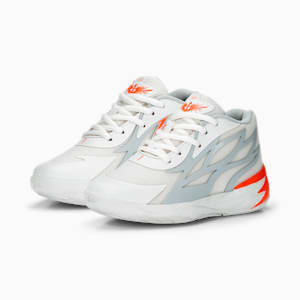 Zapatos de básquetbol PUMA x LAMELO BALL MB.02 Gorangé para niños pequeños, Platinum Gray-Ultra Orange