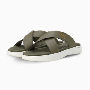 PUMA SOFTRIDE Seave Unisex Sandals, PUMA Olive-Warm White-PUMA Gold, extralarge-IND