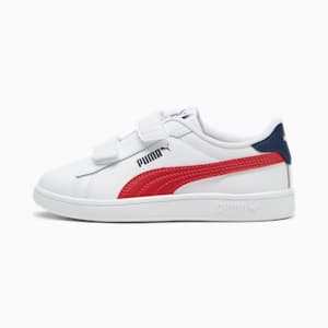 Smash 3.0 Leather V Little Kids' Sneakers, PUMA White-Club Red-Club Navy, extralarge