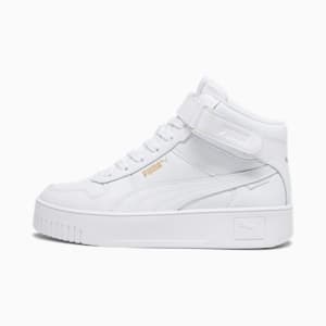 White PUMA women's mid-top trainer with an ankle strap and gold logo detail.