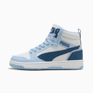 Rebound V6 Big Kids' Mid Top Sneakers, PUMA White-Dark Indigo-Haute Tropic, extralarge
