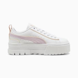 Mayze Leather Piping Big Kids' Sneakers, PUMA White-Grape Mist-Peach Fizz, extralarge
