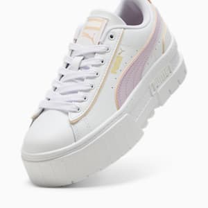 Mayze Leather Piping Big Kids' Sneakers, PUMA White-Grape Mist-Peach Fizz, extralarge