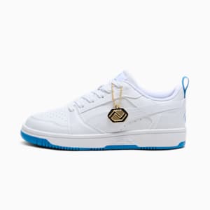 Rebound V6 Low Boys and Girls Club Big Kids' Shoes, PUMA White-Cloisonne-Puma Team Gold, extralarge
