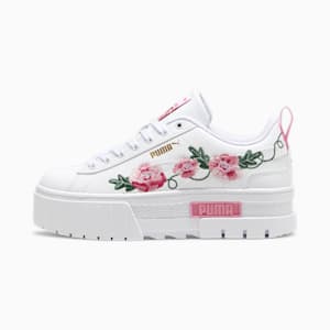 Mayze Floral Embroidery Big Kids' Sneakers, PUMA White-Fast Pink-Vine, extralarge