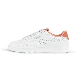 White PUMA women's trainer with peach trim and perforated detailing on the side.