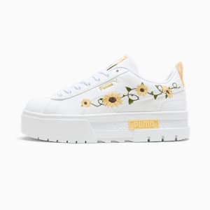 Mayze Sunflower Embroidery Women's Sneakers, PUMA White-Chocolate, extralarge