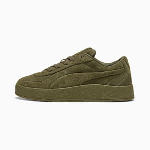 Olive PUMA Trainer shows a suede upper and tonal textured rubber sole.