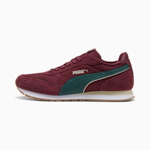 Burgundy PUMA trainers for adults with green stripe and white sole.