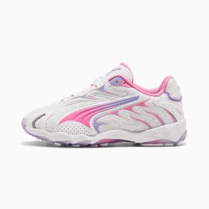 White PUMA trainer for youth, featuring pink formstrip and mesh upper.