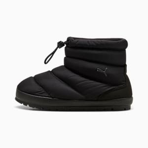 Black PUMA slipper boot for adults, featuring a quilted design and drawstring closure.