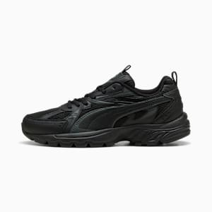 Black PUMA unisex trainers with mesh and synthetic leather upper.