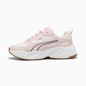 Pink PUMA trainers for women with a white midsole and brown rubber outsole.