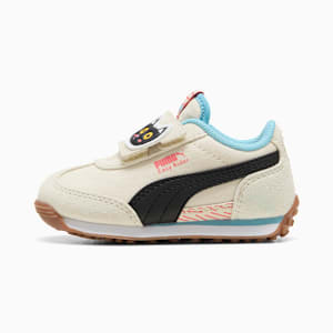 Beige PUMA trainer for toddlers with a black stripe and cat detail.