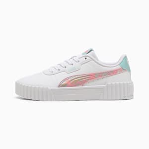 White PUMA trainer for girls with iridescent stripe and turquoise heel detail.