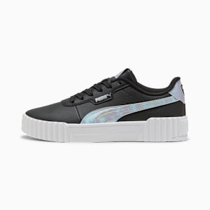 Black PUMA trainers for youth, with iridescent formstripes and a white platform sole.