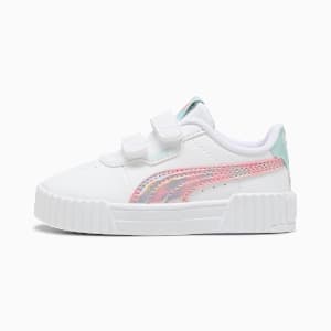 White PUMA trainer (child) with touch-fastening straps and iridescent side stripe.