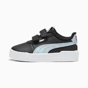 Black PUMA trainer for toddlers with touch-fastening straps and iridescent stripe.