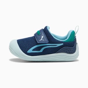 Blue PUMA trainer for kids with a touch-fastening strap and light blue sole.