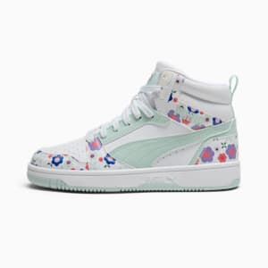 Tenis para niños PUMA Rebound V6 Mid Flower Garden, PUMA White-Peaceful Blue-Green Moon, extralarge