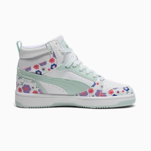 PUMA Rebound V6 Mid Flower Garden Big Kids' Sneakers, PUMA White-Peaceful Blue-Green Moon, extralarge