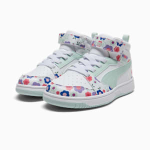 PUMA Rebound V6 Mid Flower Garden Little Kids' Sneakers, PUMA White-Peaceful Blue-Green Moon, extralarge
