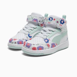 PUMA Rebound V6 Flower Garden Toddlers' Mid Sneakers, PUMA White-Peaceful Blue-Green Moon, extralarge