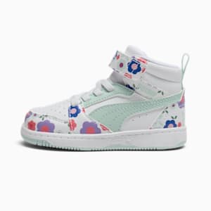 PUMA Rebound V6 Flower Garden Toddlers' Mid Sneakers, PUMA White-Peaceful Blue-Green Moon, extralarge