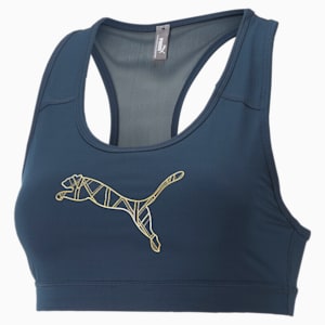 4Keeps Women's Graphic Mid Impact Bra, Marine Blue-Gold Big Cat