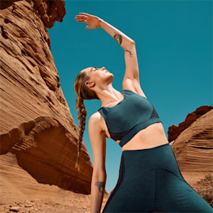 Exhale Training Color Block Women's Sports Bra, Marine Blue Heather-Puma Black Heather-color block
