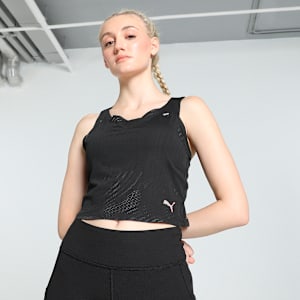 RUN ULTRASPUN Women's Running Crop Top, PUMA Black-Fireglow, extralarge-IND