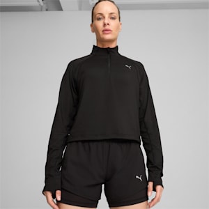 Camiseta PUMA RUN CLOUDSPUN con cremallera de un cuarto para mujer, PUMA Black, extralarge