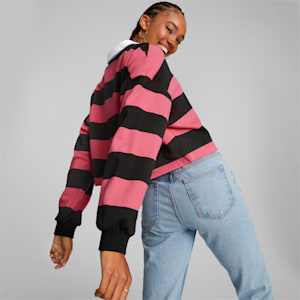 SWxP Striped Long Sleeve Polo Shirt Women, Sunset Pink