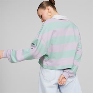 SWxP Striped Long Sleeve Polo Shirt Women, Lavender Fog