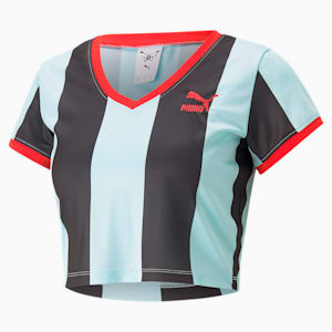 ウィメンズ PUMA x DUA LIPA ストリップド スリム 半袖 Tシャツ, Blue Glow-Puma Black
