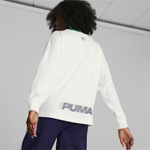 Camiseta de básquetbol PUMA x JUNE AMBROSE Keeping Score The Screen de manga larga para mujer, Puma White