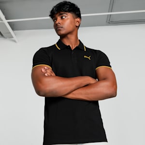 Collar Tipping Heather Men's Slim Fit Polo, PUMA Black-Golden Fog, extralarge-IND