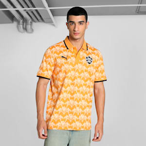 PUMA x DC Men's Printed Slim Fit Cricket Polo, Clementine-Peach Fizz-Club Navy, extralarge-IND