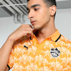 PUMA x DC Men's Printed Slim Fit Cricket Polo, Clementine-Peach Fizz-Club Navy, extralarge-IND