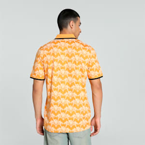 PUMA x DC Men's Printed Slim Fit Cricket Polo, Clementine-Peach Fizz-Club Navy, extralarge-IND
