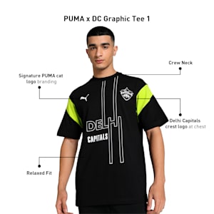 PUMA x DC Men's Graphic Relaxed Fit Cricket Tee, PUMA Black-Lime Smash-PUMA White, extralarge-IND