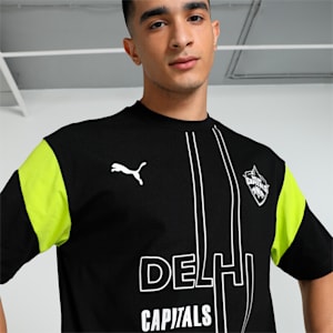 PUMA x DC Men's Graphic Relaxed Fit Cricket Tee, PUMA Black-Lime Smash-PUMA White, extralarge-IND