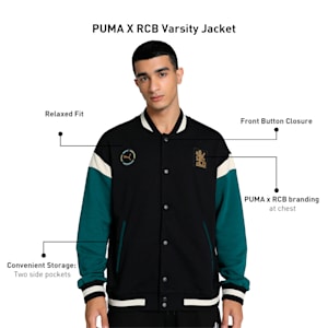 PUMA x RCB Men's Relaxed Fit Varsity Jacket, PUMA Black-Deep Teal, extralarge-IND