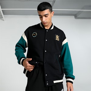 PUMA x RCB Men's Relaxed Fit Varsity Jacket, PUMA Black-Deep Teal, extralarge-IND